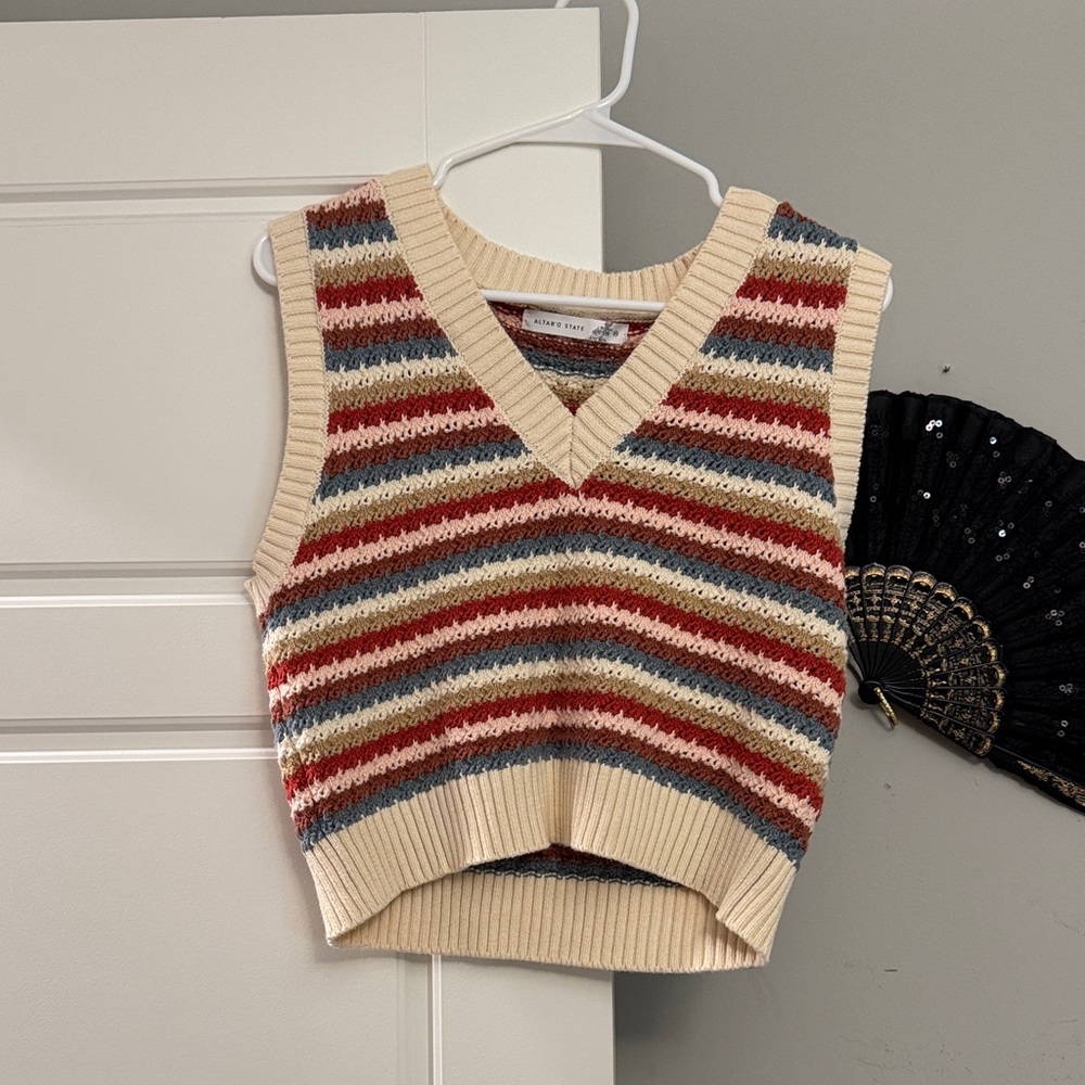 Altar'd State Striped Knit Crop Top - Red, Cream, Gray